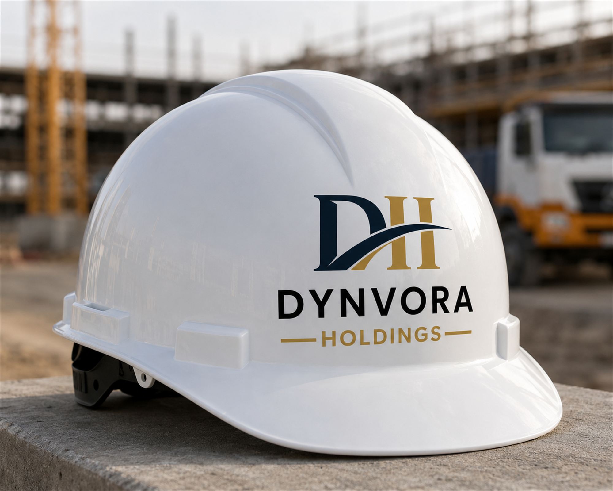 A Dynvora Holdings branded hard hat on an active construction site